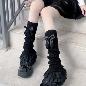 Białe koronkowe getry damskie Y2K Lolita Tube Czarny