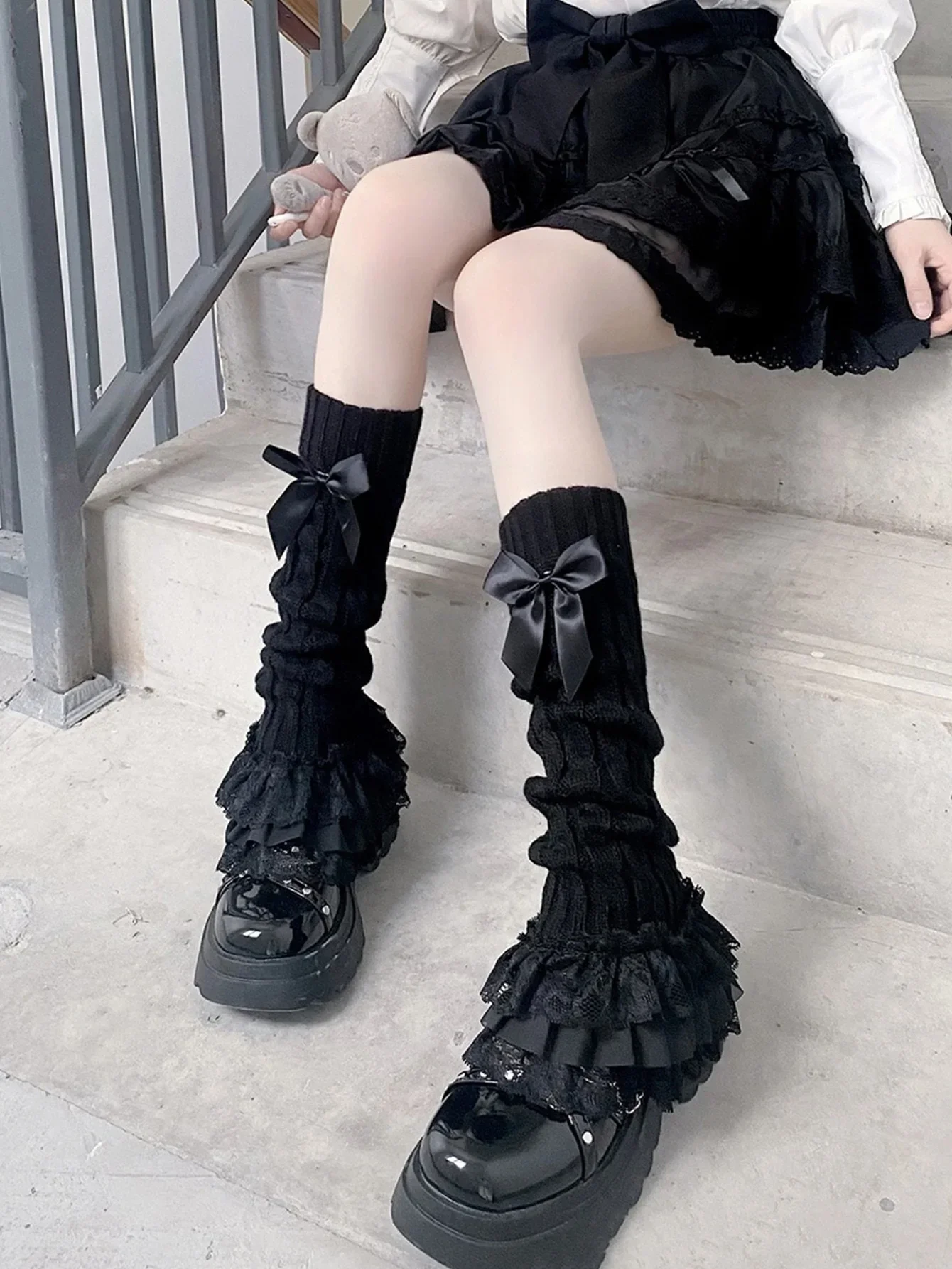 Białe koronkowe getry damskie Y2K Lolita Tube Czarny