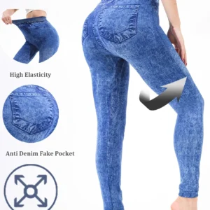 Białe spodnie damskie imitujące jeans z wysoką rozciągliwością Niebieski