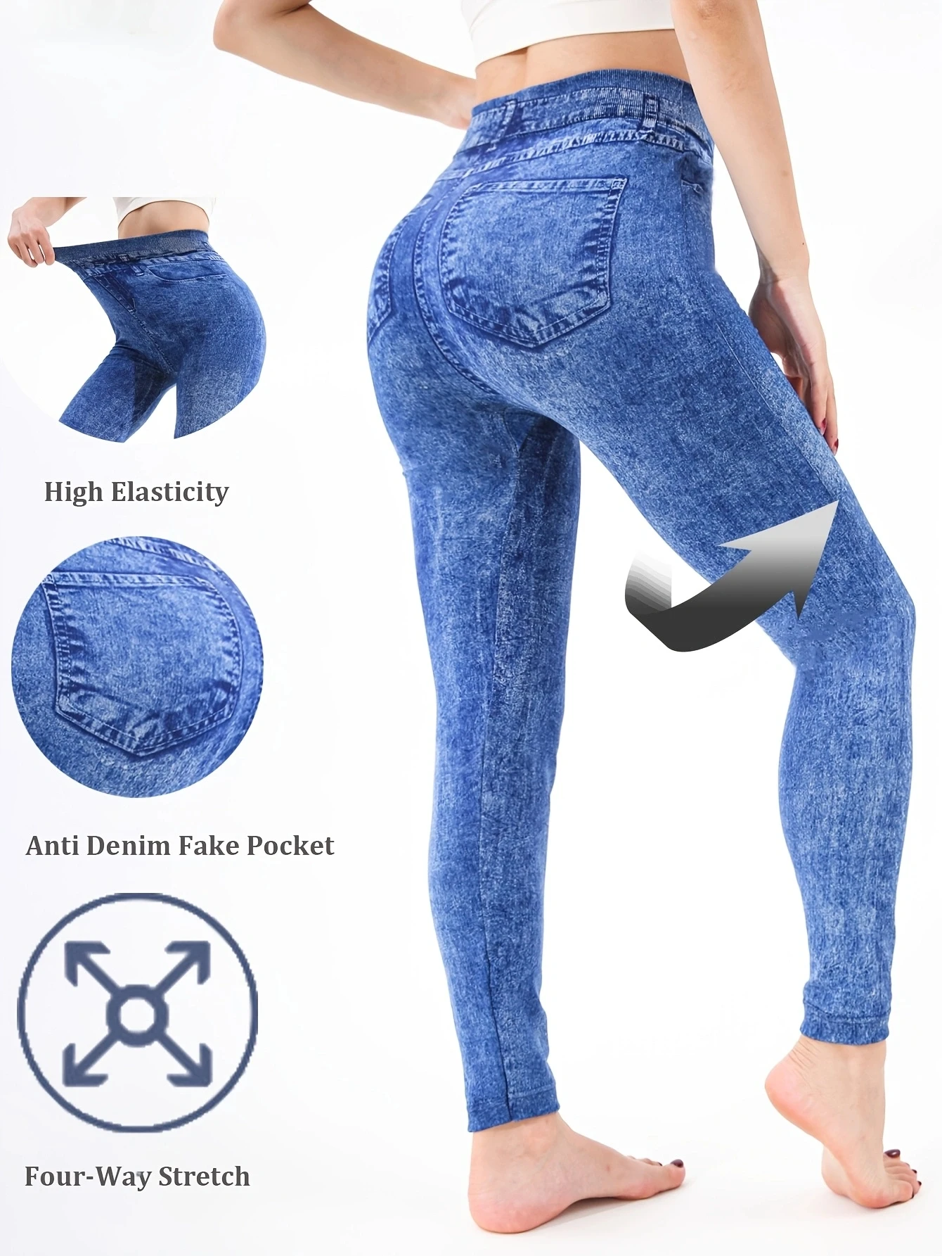 Białe spodnie damskie imitujące jeans z wysoką rozciągliwością Niebieski