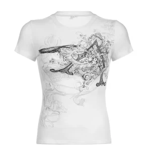 Biały crop top Y2K z retro grafiką i krótkim rękawem Biały