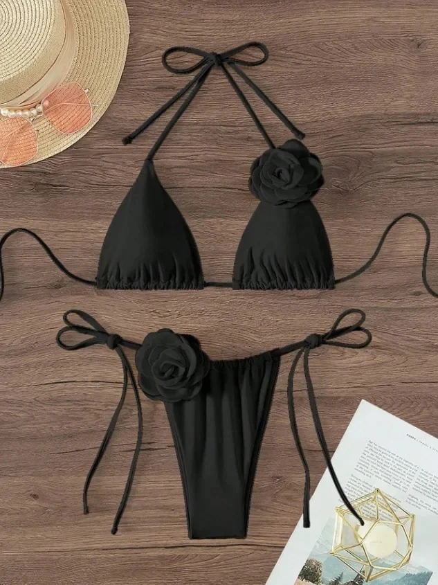 Bikini 3D kwiaty halter — dwuczęściowy strój kąpielowy damski Czarny