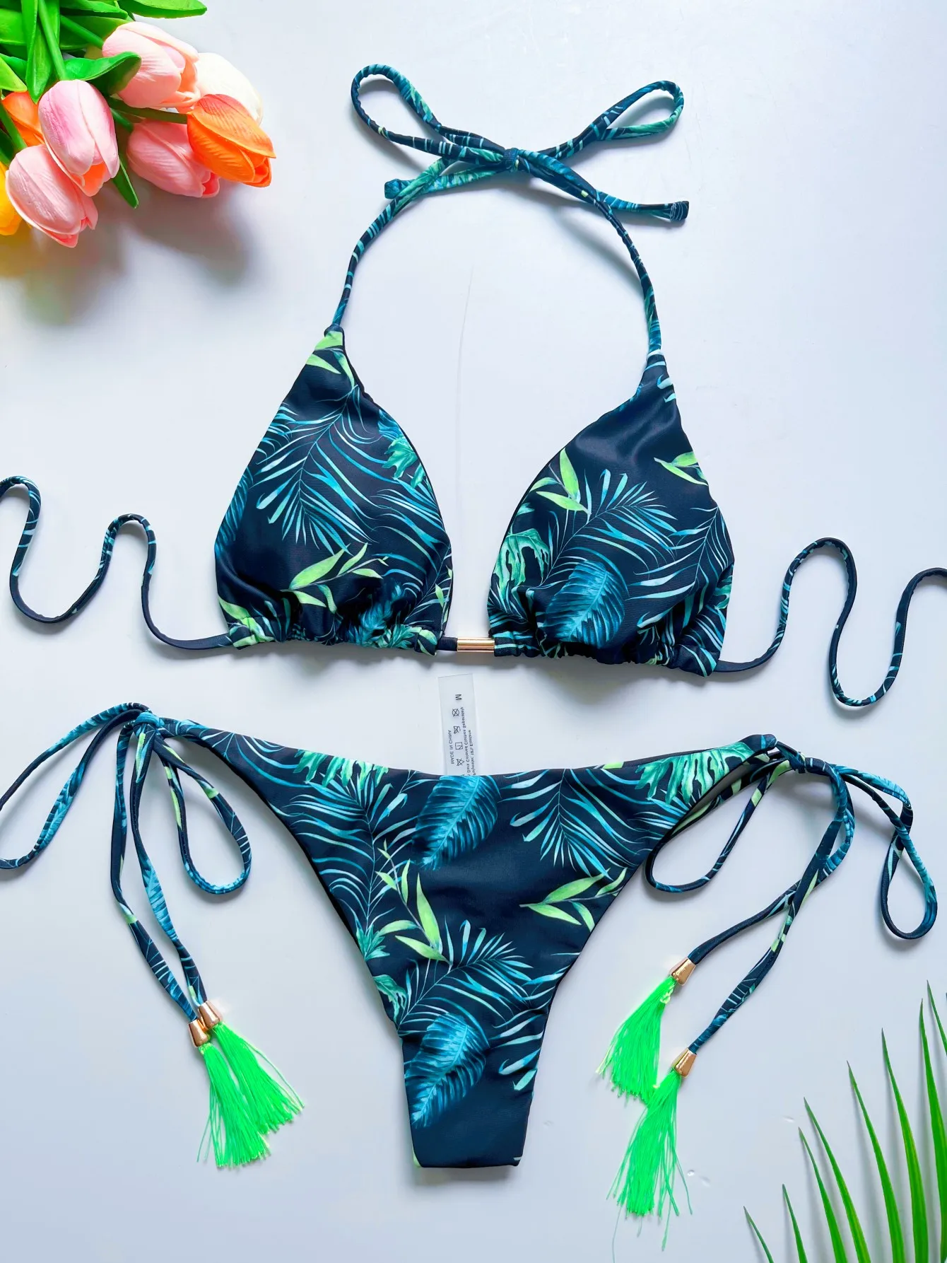 Bikini bandażowe wiązane na szyi brazylijskie trójkątne Beżowy
