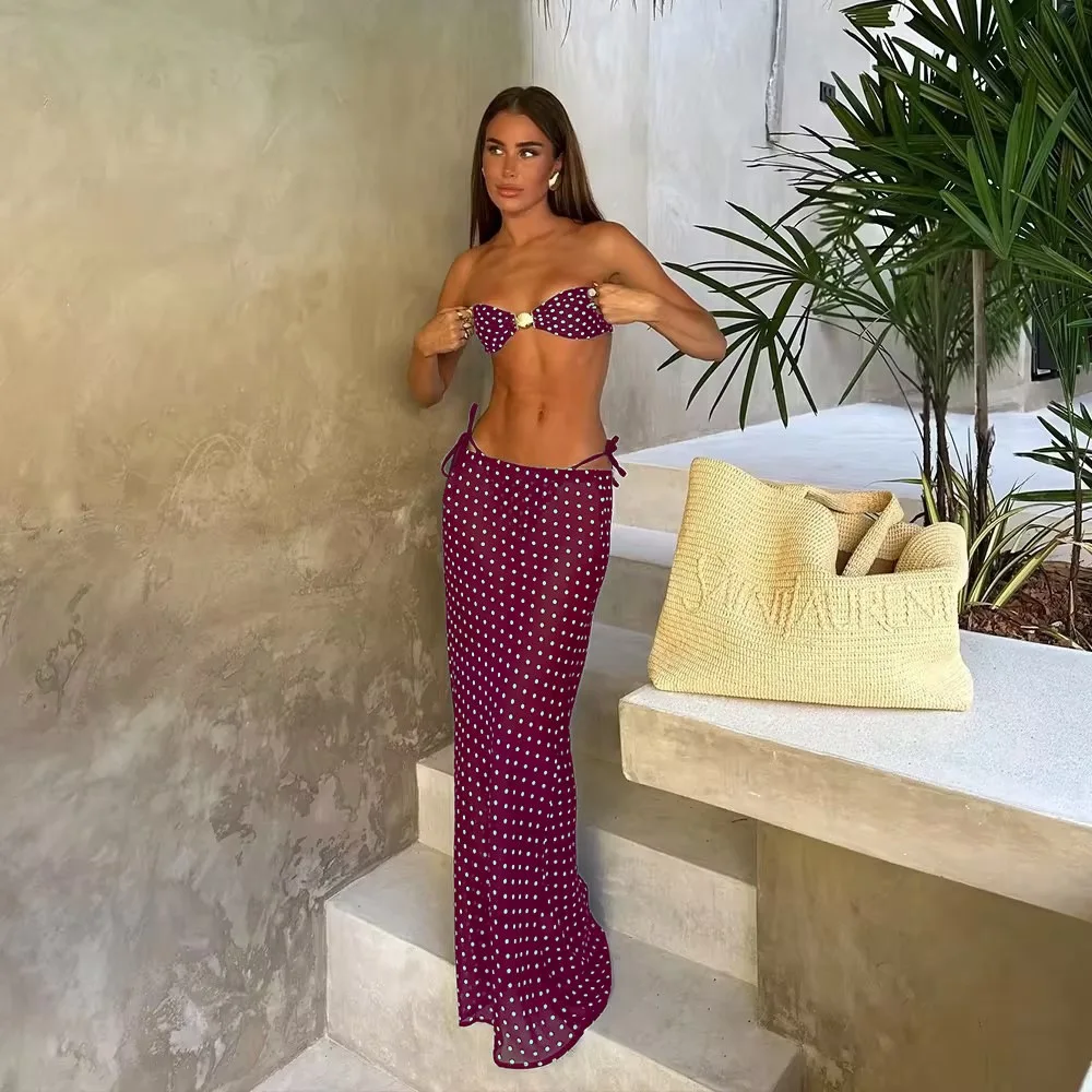 Bikini bandeau z długą spódnicą w groszki trzyczęściowy zestaw Niebieski