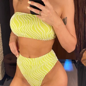 Bikini bandeau w paski z wysokim stanem — klasyczna elegancja Zielony