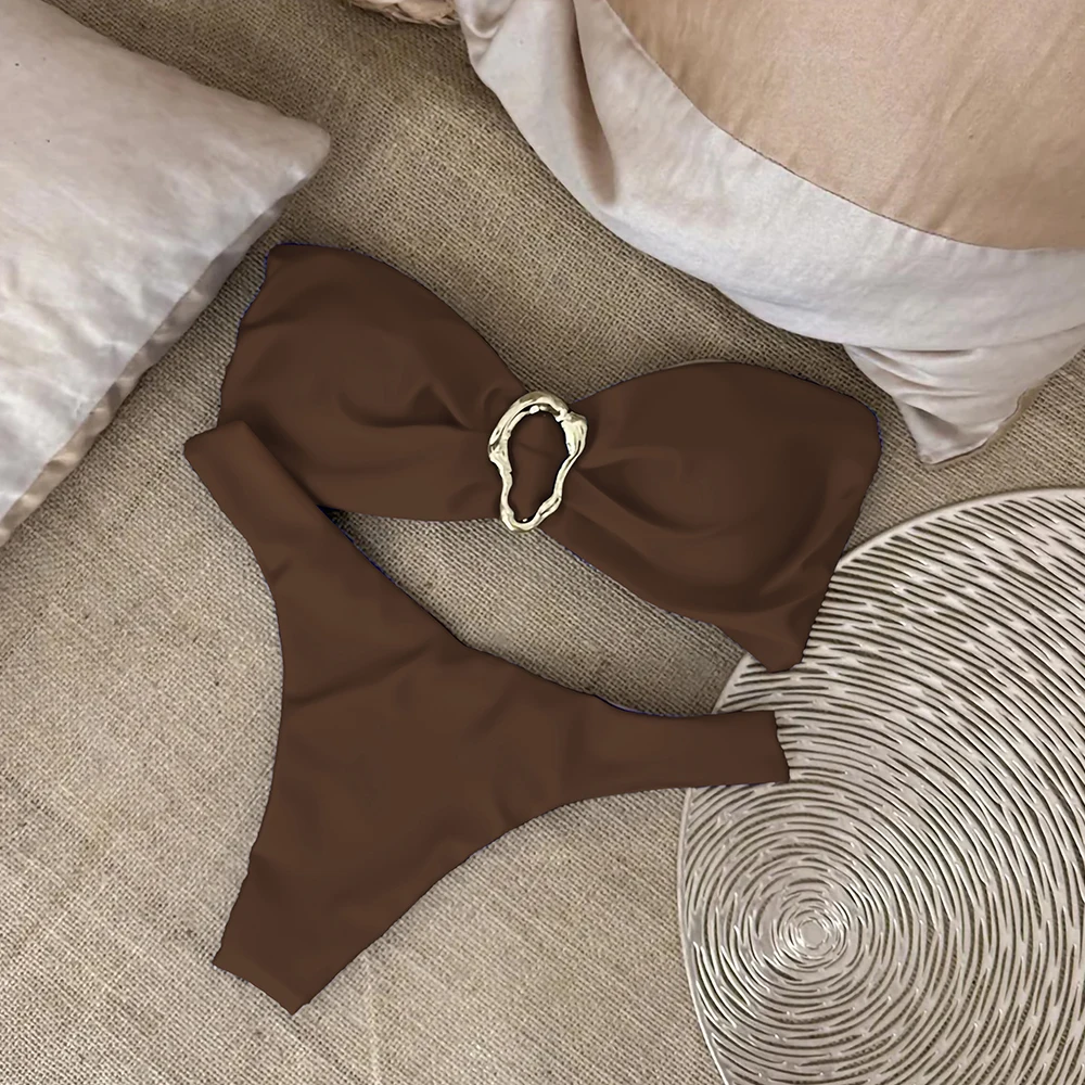 Bikini bandeau push-up brazylijskie stringi damskie Złoto