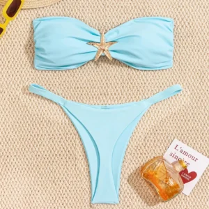 Bikini bandeau z ozdobą rozgwiazdy i stringami push-up Błękitny