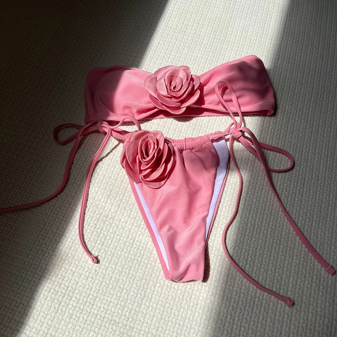 Bikini bandeau z wysokim stanem i kwiatami 3D Pomarańczowy