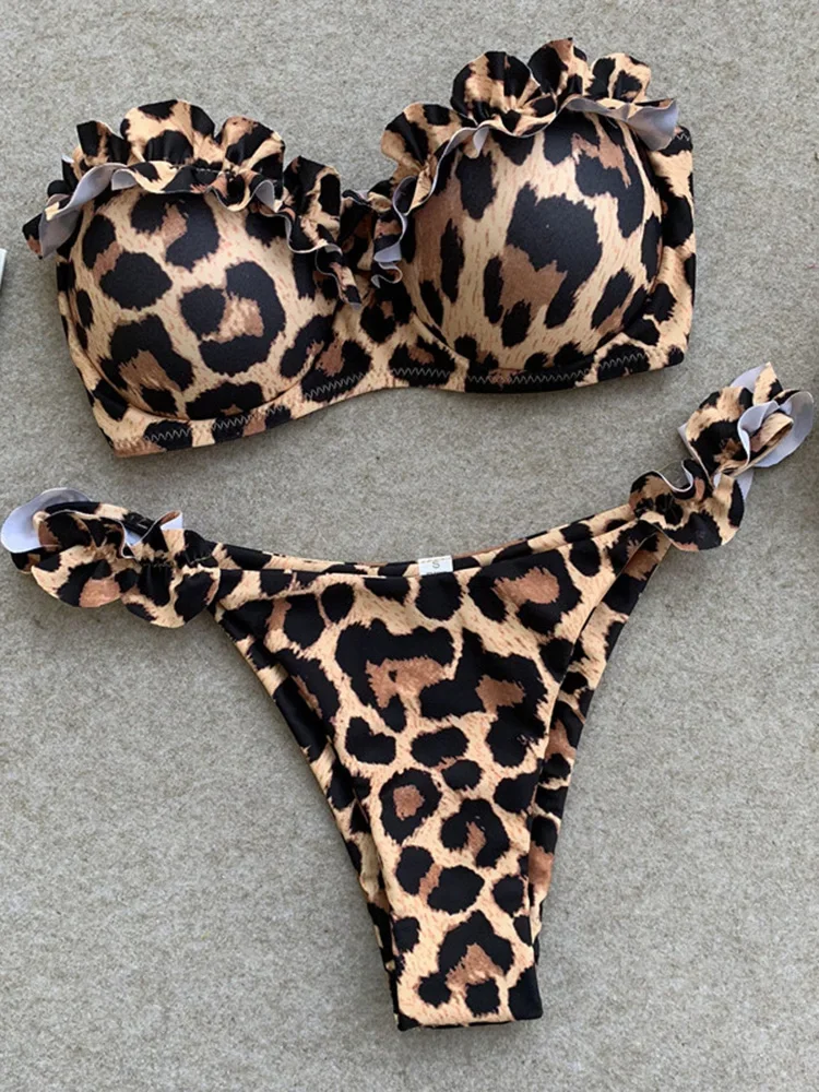 Bikini bandeau z falbanką i efektem push-up Brązowy