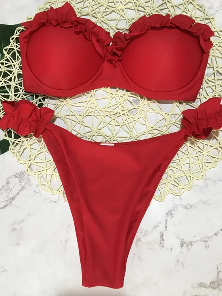 Bikini bandeau z falbanką i efektem push-up Czerwony