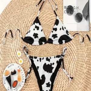 Bikini bez pleców z koronką i wzorem krowy Beżowy