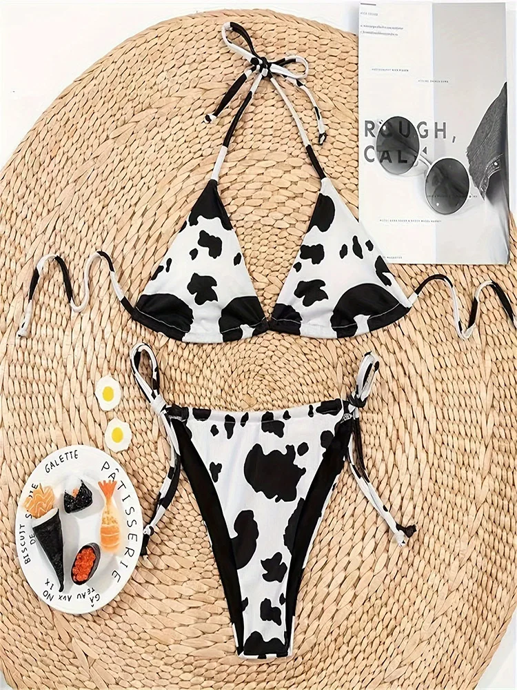 Bikini bez pleców z koronką i wzorem krowy Beżowy