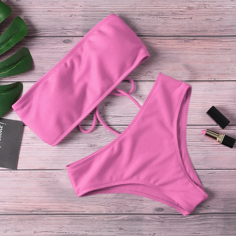 Bikini bez ramiączek wysokim stanem jednolite push-up Brązowy