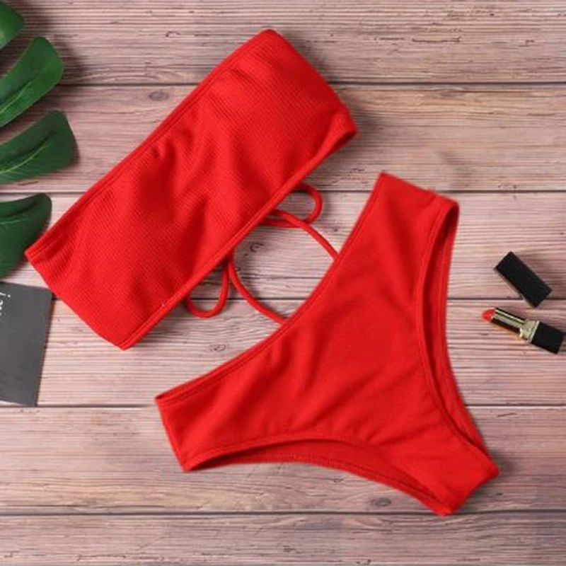 Bikini bez ramiączek wysokiej talii jednokolorowe Beżowy