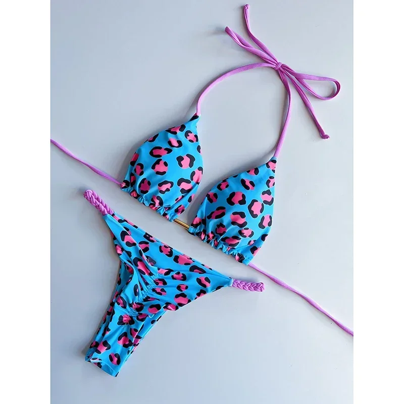 Bikini w cętki i paski — seksowny dwuczęściowy strój kąpielowy Fioletowy