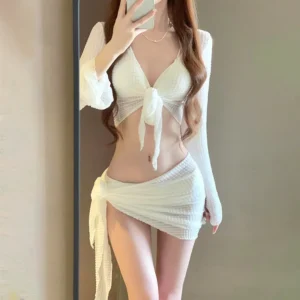 Damskie bikini z długim rękawem i zakryciem – strój kąpielowy push-up Biały