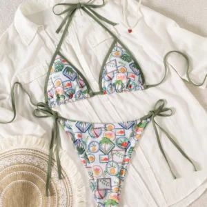 Bikini damskie w kwiatowy wzór z halterem i efektem push up Ciemnozielony