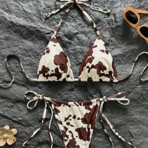Bikini damskie wiązane wzór krowy – brązowo-białe Wielo