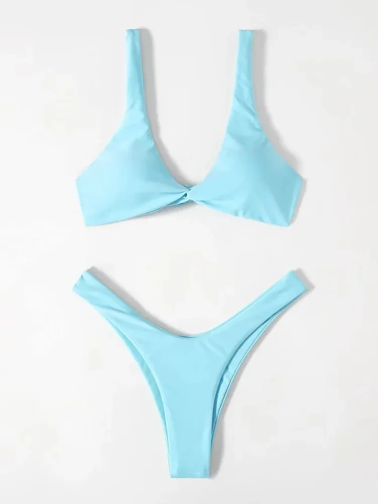 Bikini damskie z wysokim stanem w jednolitym kolorze Błękitny