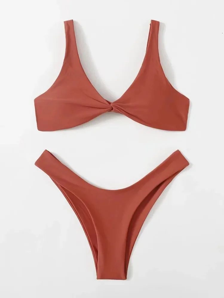 Bikini damskie z wysokim stanem w jednolitym kolorze Brązowy
