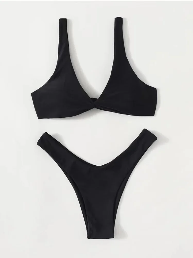 Bikini damskie z wysokim stanem w jednolitym kolorze Czarny