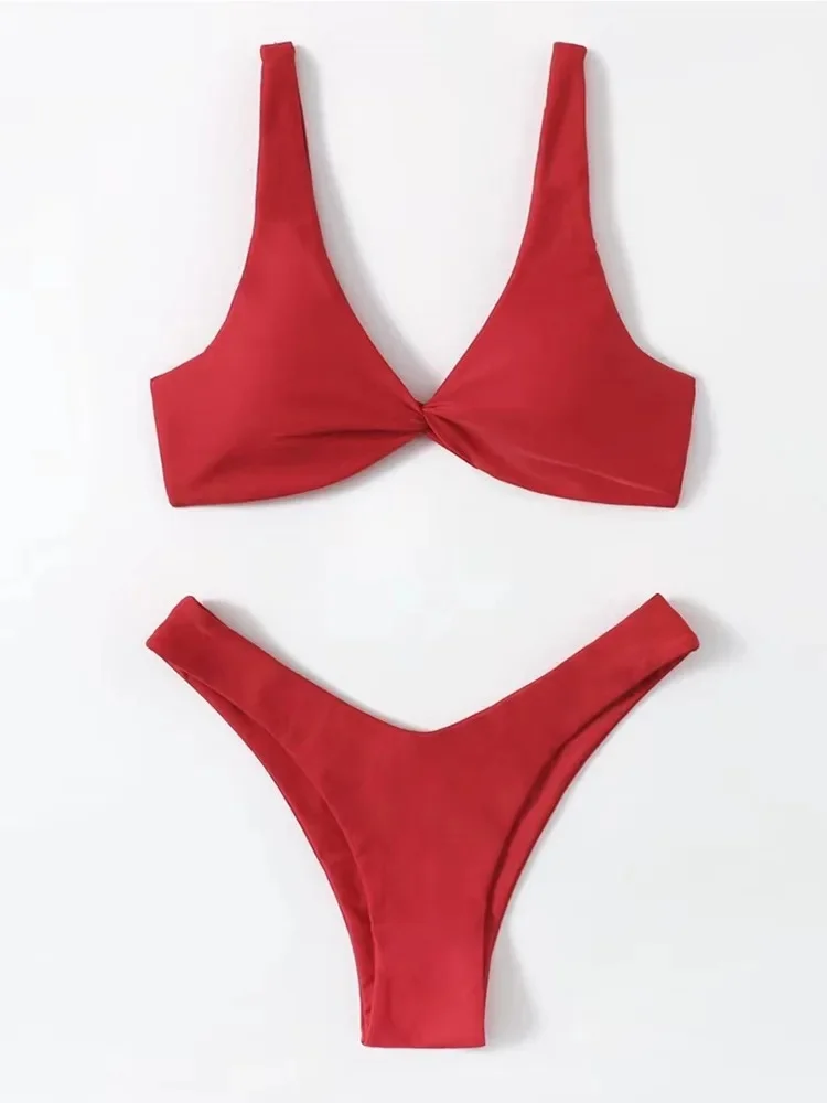 Bikini damskie z wysokim stanem w jednolitym kolorze Czerwony