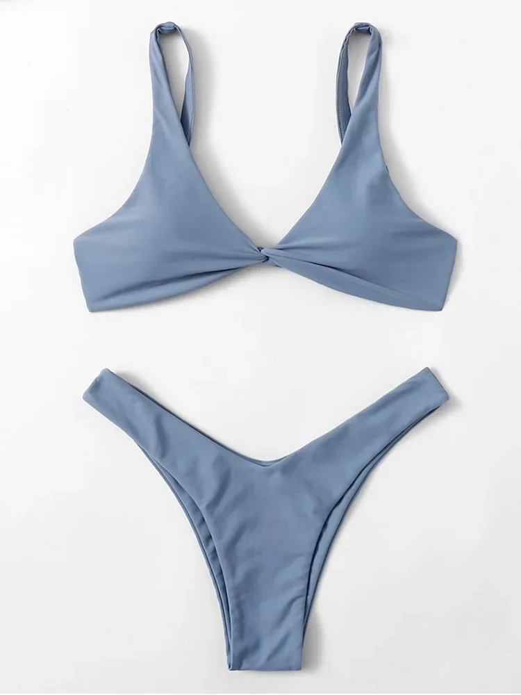 Bikini damskie z wysokim stanem w jednolitym kolorze Fioletowy