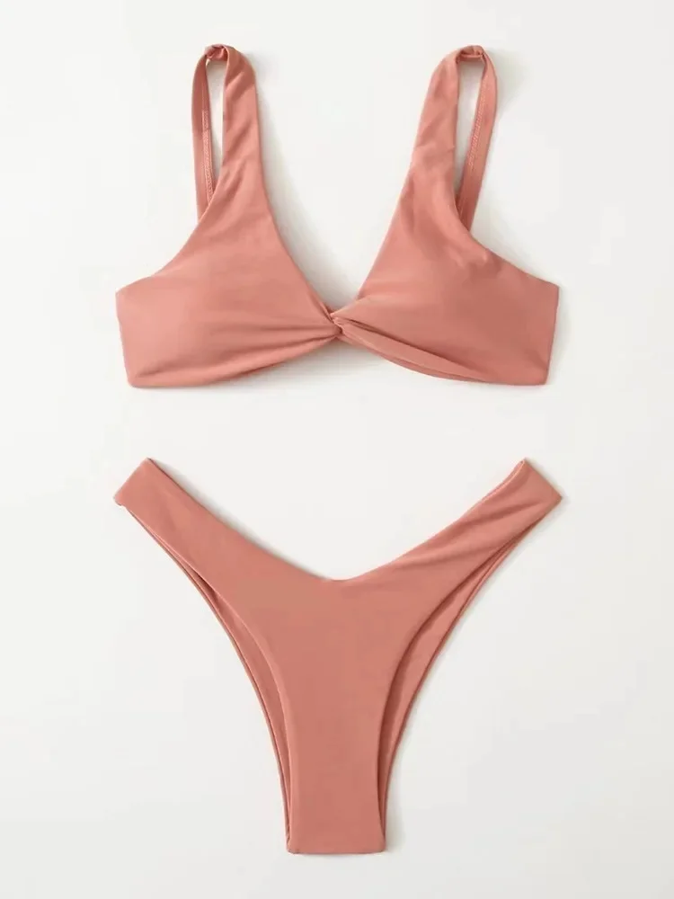 Bikini damskie z wysokim stanem w jednolitym kolorze Jasny brąz