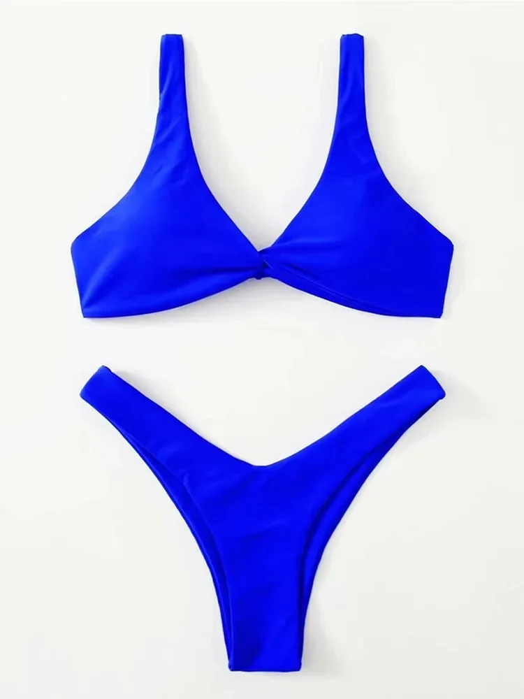 Bikini damskie z wysokim stanem w jednolitym kolorze Niebieski