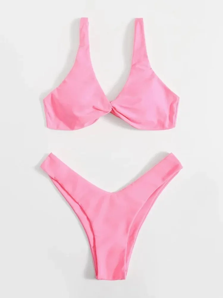 Bikini damskie z wysokim stanem w jednolitym kolorze Różowy