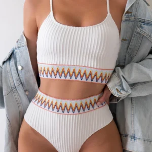 Bikini dwuczęściowe z wysokim stanem damskie plisowane – kolory lata Jasny