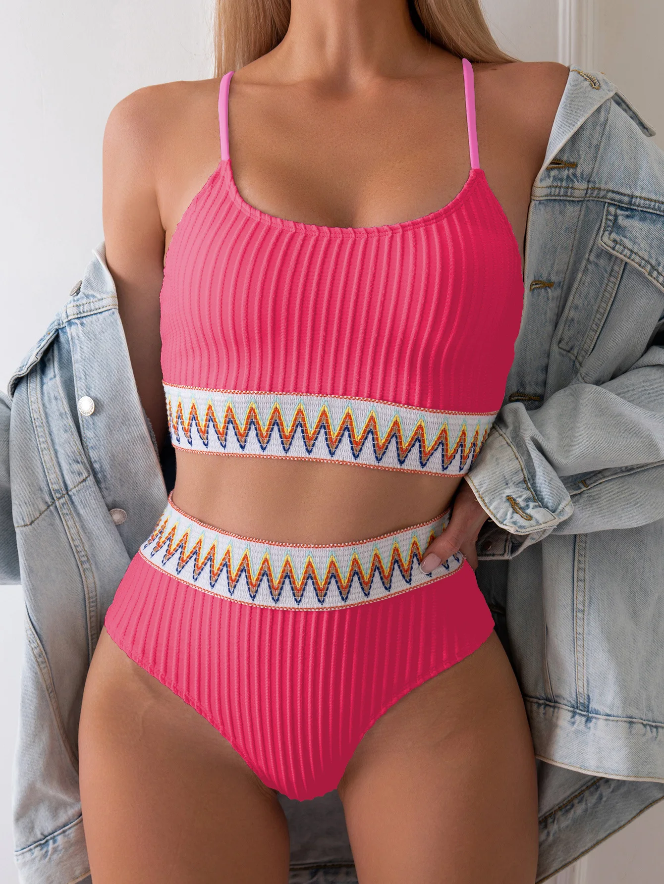 Bikini dwuczęściowe z wysokim stanem damskie plisowane – kolory lata Pomarańczowa czerwona