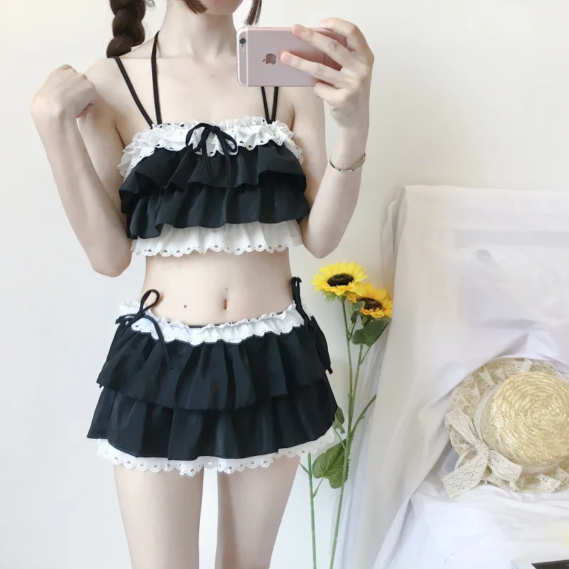 Bikini z falbankami w stylu lolita, różowo-czarne Czarny