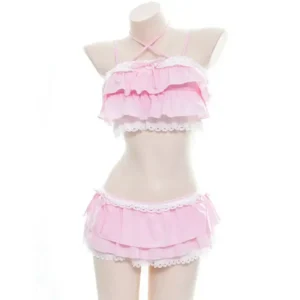 Urocze bikini z falbankami w stylu lolita Różowy