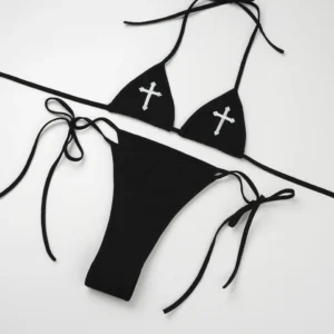 Bikini z haftem krzyżowym i niskim stanem, gotyckie Beżowy