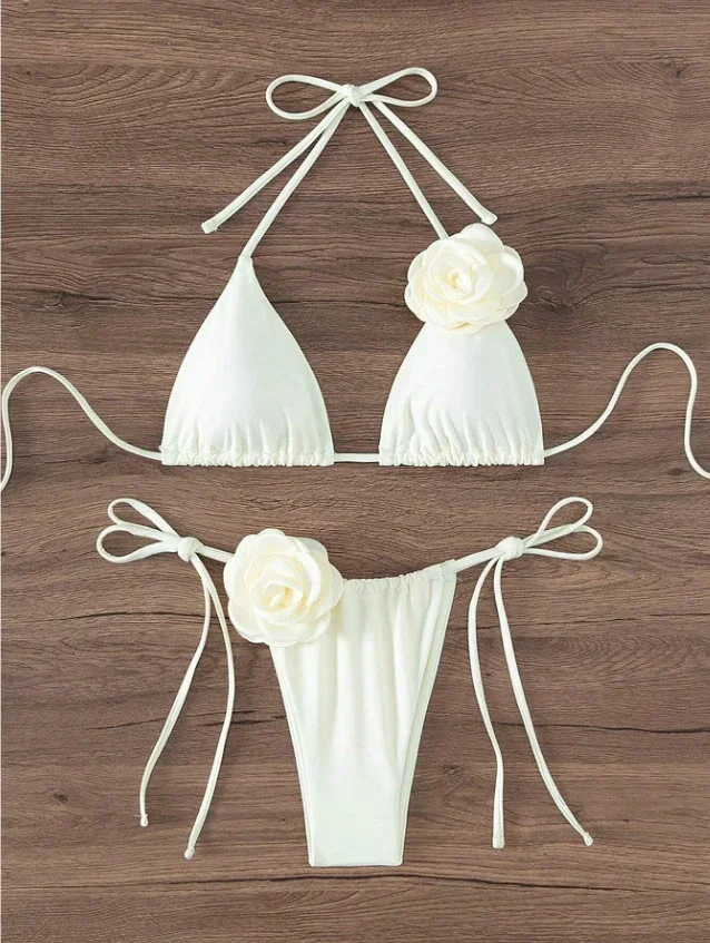 Bikini halter z kwiatami 3D i wiązaniami, S-L Głównik