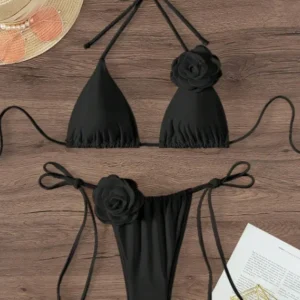 Bikini halter z kwiatami 3D i wiązaniami, S-L Jasny