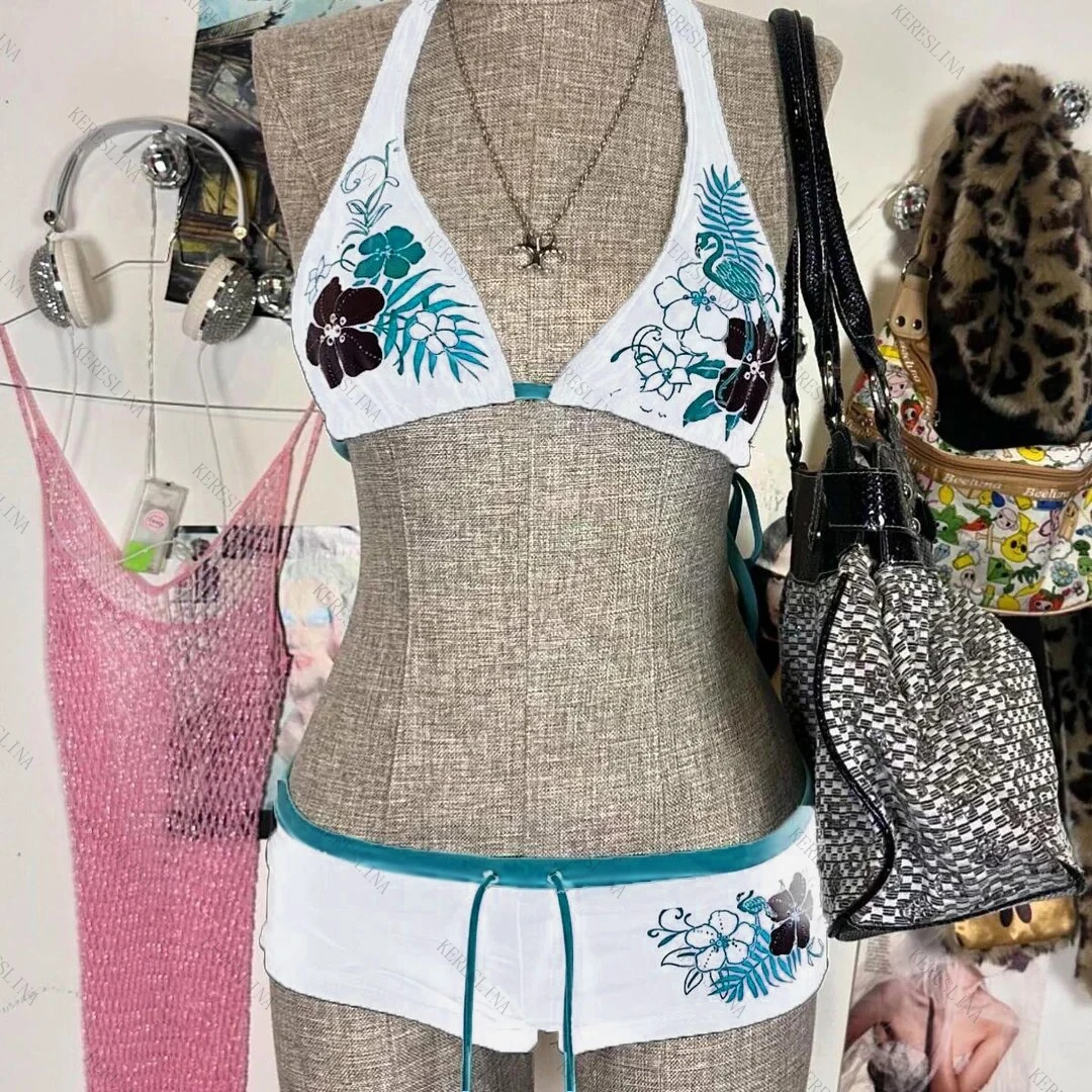 Bikini halter w kwiaty w stylu vintage Y2K Biały