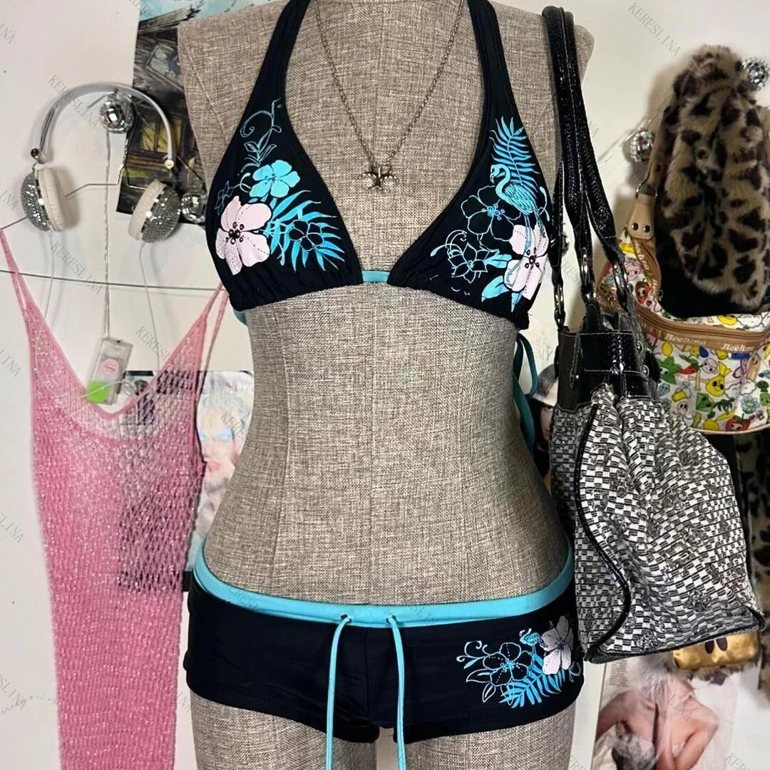 Bikini halter w kwiaty w stylu vintage Y2K Czarny
