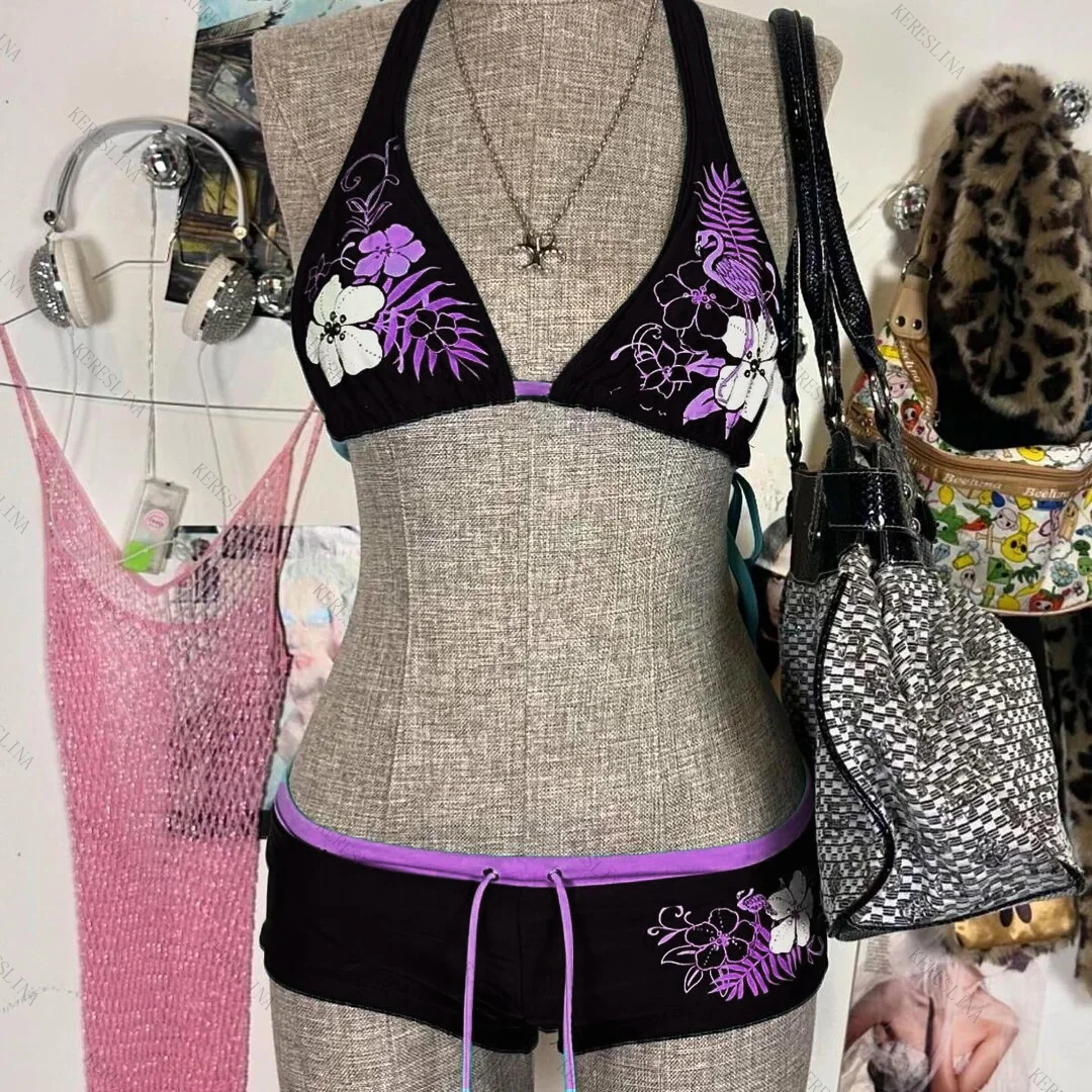 Bikini halter w kwiaty w stylu vintage Y2K Fioletowy