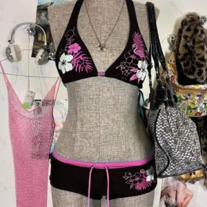 Bikini halter w kwiaty w stylu vintage Y2K Różowy