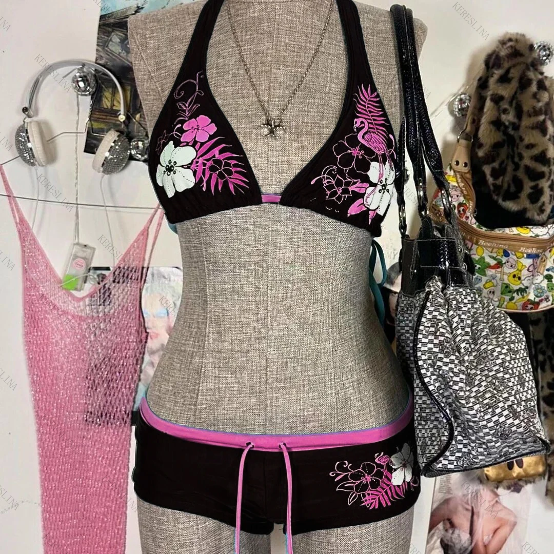 Bikini halter w kwiaty w stylu vintage Y2K Różowy