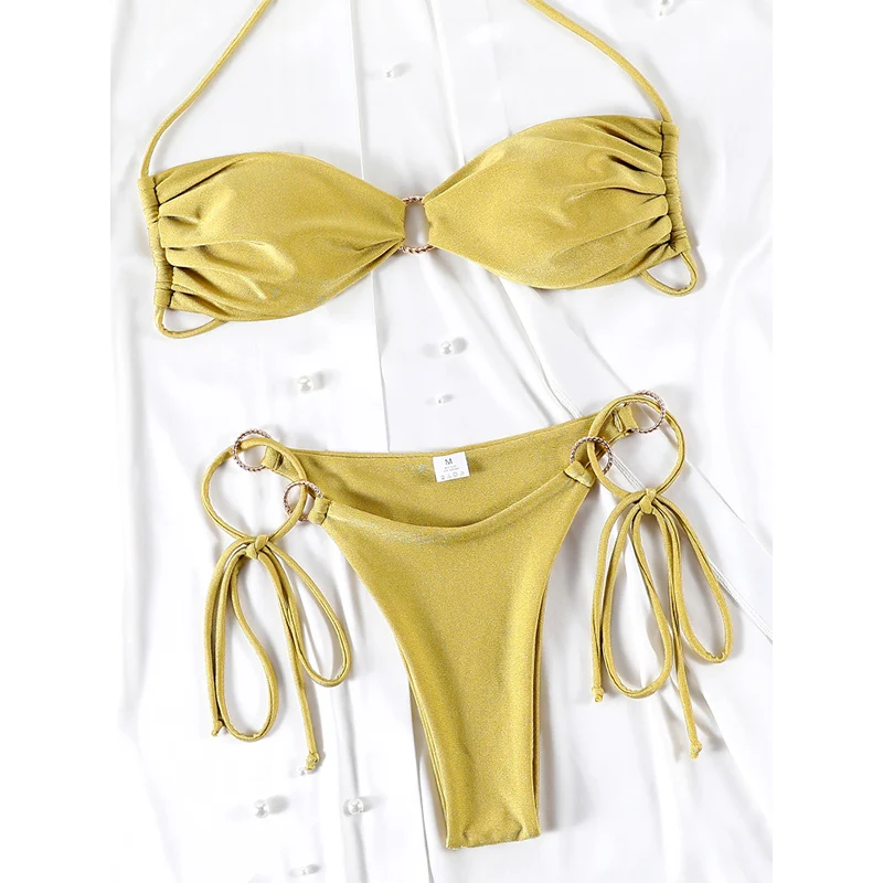 Bikini halter z wycięciami jednokolorowe letnie Beżowy