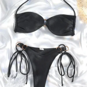 Bikini halter z wycięciami jednokolorowe letnie Czarny