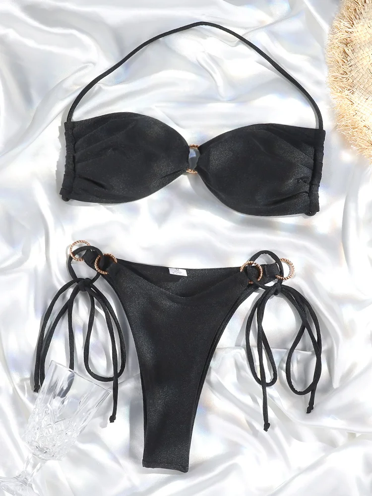 Bikini halter z wycięciami jednokolorowe letnie Czarny