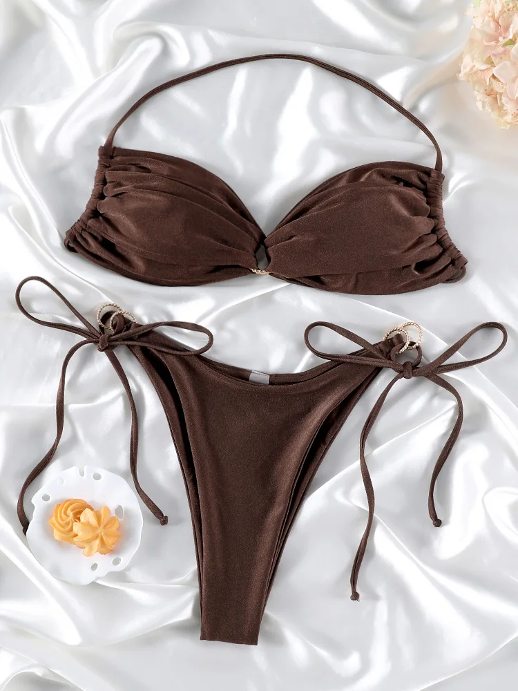 Bikini halter z wycięciami jednokolorowe letnie Zielony
