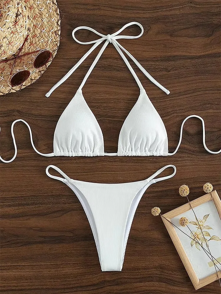 Bikini halter wysokie wiązanie z prążkowanej tkaniny Beżowy
