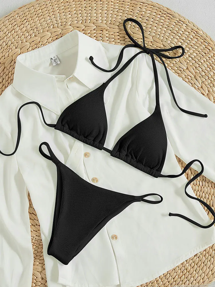 Bikini halter wysokie wiązanie z prążkowanej tkaniny Czarny