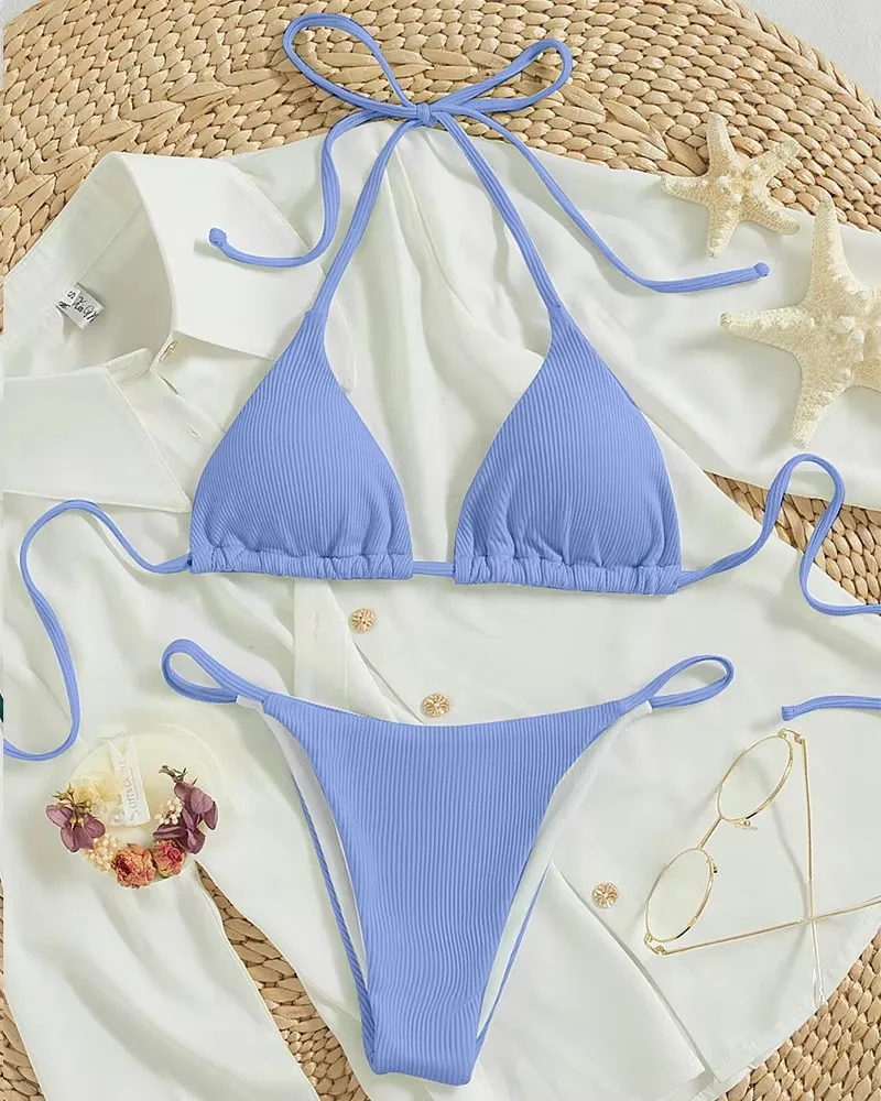 Bikini halter wysokie wiązanie z prążkowanej tkaniny Jezioro błękitne