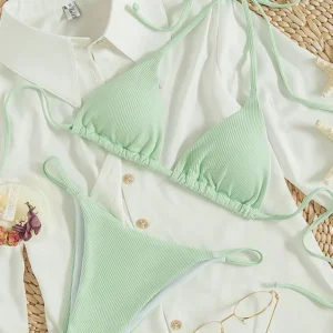 Bikini halter wysokie wiązanie z prążkowanej tkaniny Mięta